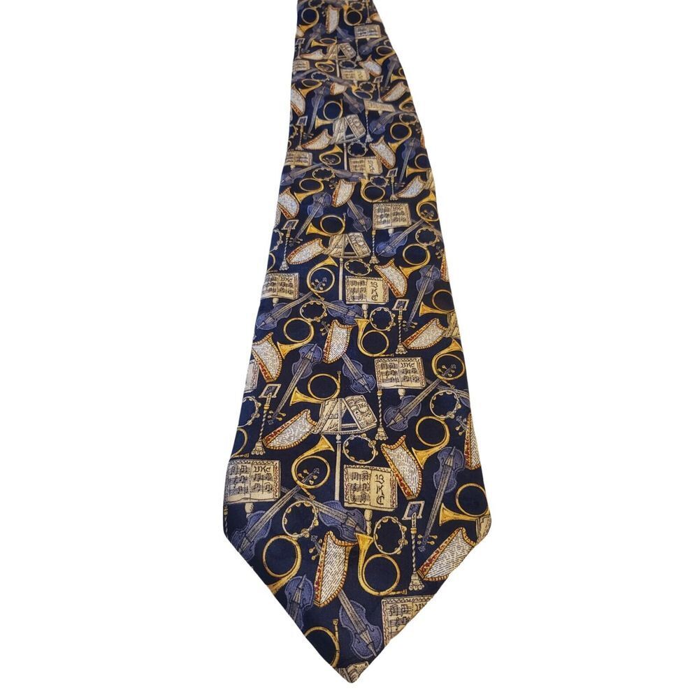 KIESELSTEIN CORD MENS 100% SILK TIE ORCHESTRA MUSIC MUSICAL INSTRUMENTS Blue 58"